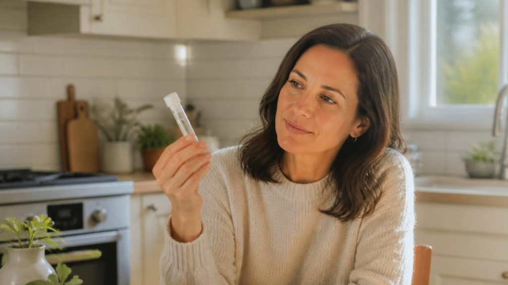 Woman collecting a saliva sample for a cortisol test UK women take at home