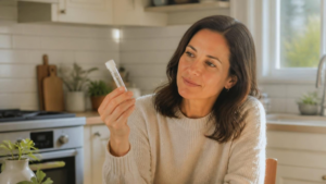 Woman collecting a saliva sample for a cortisol test UK women take at home